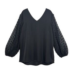 B Collection Black Swiss Dot Sheer Lantern Sleeve V-Neck Y2K Chic Blouse XXXL